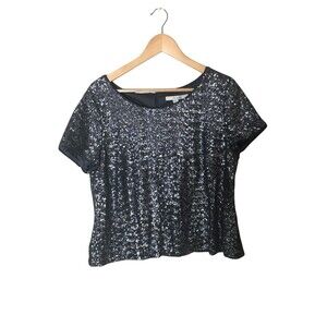 Boden Black Sequin Top Women's Size 14 Zip Up Short Sleeve Blouse